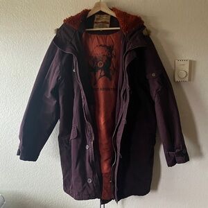 Reserved 100% Cotton Plum w. Rust Lining Poly Padding Faux Fur Fishtail Parka XL